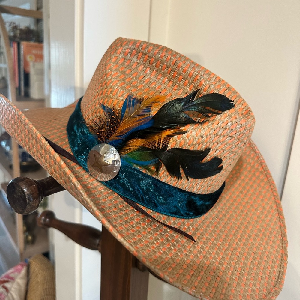 Orange Woven Hat with Feather Accent